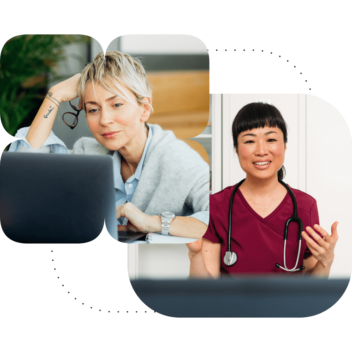 A graphic of two images where the top image depicts a woman happily smiling, and the bottom image depicts a woman dressed as a doctor in scrubs talking.